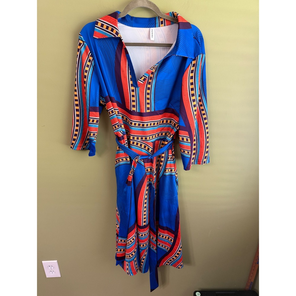 Fandee Womens 2X Geometric Abstract Print Long Sleeve Belted Midi Dress Blue